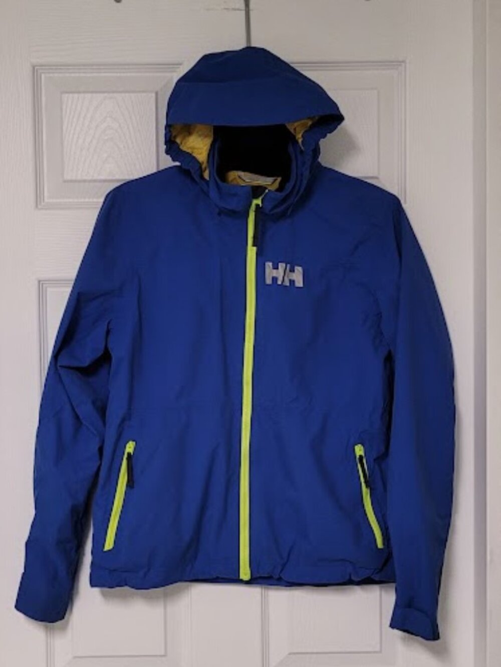 Helly Hansen Youth 176/16 Hooded Rain Jacket Blue Yellow Waterproof Windbreaker